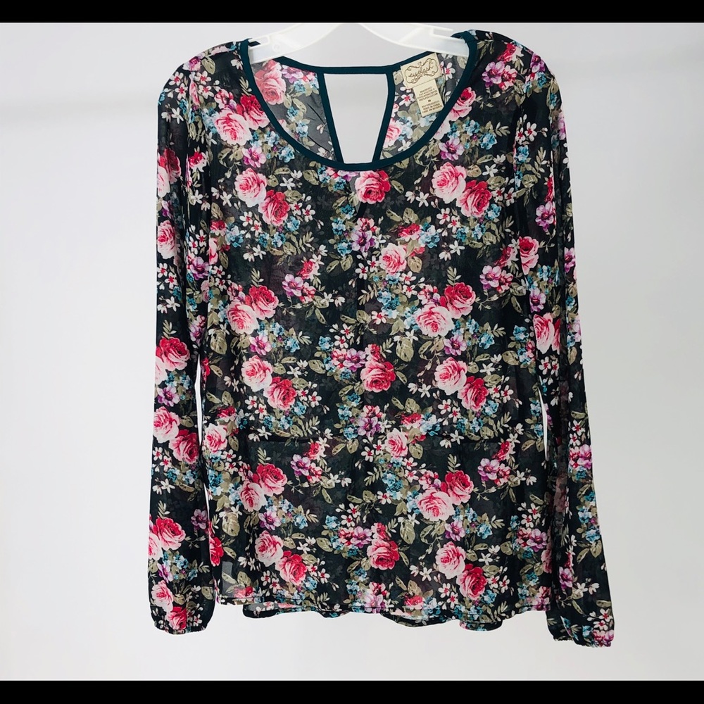 Eyelash Couture Black Pink Floral Long Sleeve Pullover Ladies Blouse Medium